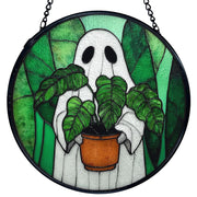 TNUW Halloween Ghost Plant Stained Glass Window Hanging, Ghost Halloween Sun Catchers Indoor Window Glass Round Wall Art Decor, Gifts for Plant Lovers Wall Hanging Decorations, 7.9＂x7.9＂