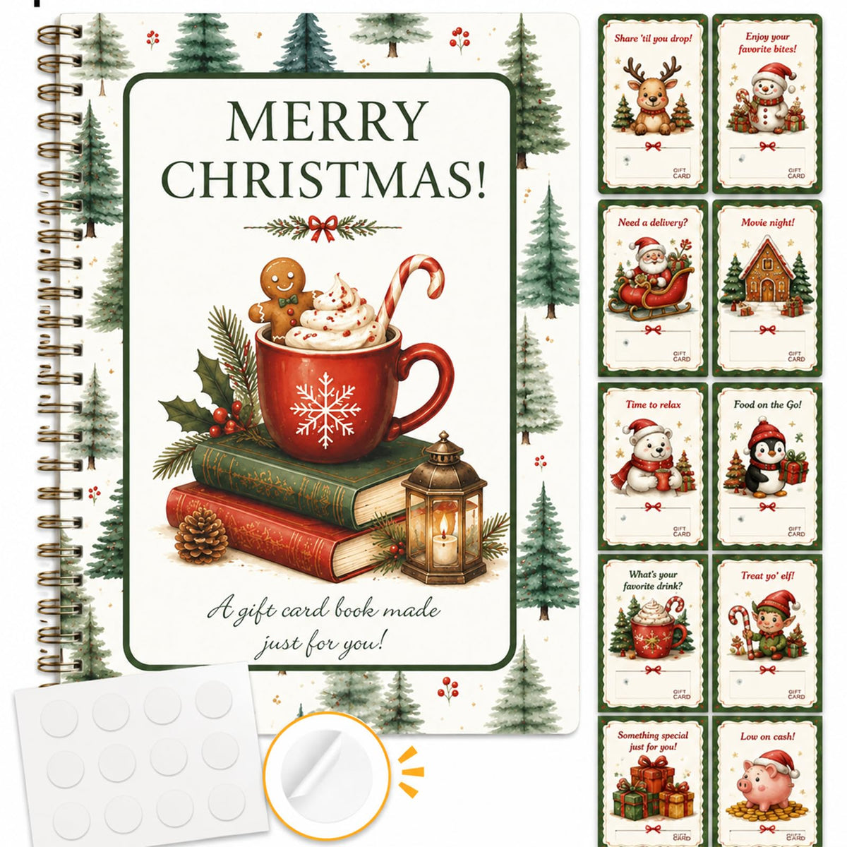 Christmas Gift Card Book, Merry Christmas Gift Card Book for Adults Teens | Spiral Bound Birthday Gift Card Booklet for Gift Cards, with 12 Self‑Adhesive Dots,DIY Christmas Xmas Gift Card Book for Kids