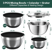 Mixing Bowls with Airtight Lids, Stainless Steel Mixing Bowl Set with 3 Nesting Kitchen Metal Bowls, Colander & Grater, Non-Slip Bottoms, Size 1.5, 2.5, 5 QT, Great for Mixing & Serving, Black