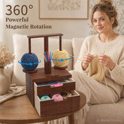 GloTika Wooden Yarn Holder with Double Drawer and 2 Magnetic Spindles | Handcrafted, Tangle-Free Spinning, Anti-Slip Weighted Base, Phone Stand, Easy Assembly, Gift for Knitters, Solid Build