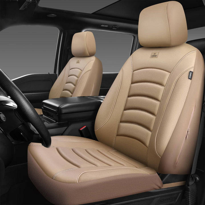 CAR PASS 3D Foam PU Leather Car Seat Covers, Universal Seat Covers Front 2 for Trucks SUV Sedan Automotive Seat Covers Armrest Airbag Compatible Waterproof Comfortable Faux Nappa Leather All Beige