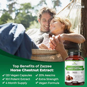 Zazzee Extra Strength Horse Chestnut 10:1 Extract, 20% Aescins, Vegan | 120 Capsules, 4 Month Supply, Aesculus Hippocastanum, Healthy Circulation & Blood Flow Support, Non-GMO, Made in the USA