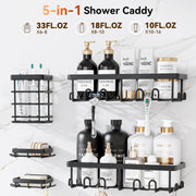 YASONIC Shower Caddy Adhesive, Rustproof Shower Organizer, Wall Shower Rack | Large Capacity Shower Shelves for Inside Shower, Shampoo Shower Holder, Black, 2 Caddies, 2 Soap Dishes, 1 Toothbrush Holder