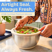 Non-Toxic Stainless Steel Mixing Bowls, Glass Lids, Plastic Free, 5-Pcs | LFGB platinum silicone seal. Keeps food fresh longer. Airtight. Non-slip silicone base. Dishwasher safe. Measurement marks.