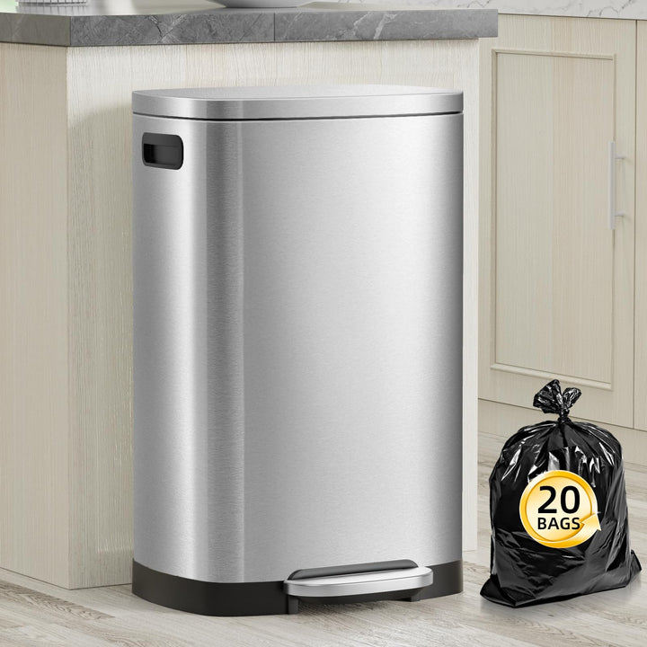 KdbK Kitchen Trash Can with Lid, 13 Gal Stainless Steel Pedal Garbage Can | 50L Fingerprint Pedal Trash Can with Removable Inner Bucket and Lid Soft Close, Rubbish Bin for Home Office, Silver