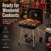 17.5-Inch Charcoal Kettle Grill with Wheels, 302 Sq In Grate | Porcelain-coated steel bowl, lid and grid with adjustable air dampers, rear wheels and bottom shelf for patio or tailgating.