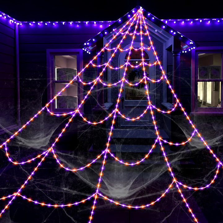 Halloween Decorations Spider Web Lights, 455 LED 16.4Ft Light Up Spider Web | Scary Lighted Outdoor Halloween Decoration for Yard Lawn Haunted House Indoor Outdoor Decor - Purple Orange