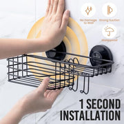 LEVERLOC Shower Caddy Suction Cup, 2 Pack Suction Shower Shelf With Hooks | Black Shower Caddies, Soap holder, NO-Drilling Bathroom Holder, Rustproof bathroom organizer
