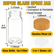 28PCS Spice Jars with Label, 4oz Glass Seasoning Containers with Bamboo Lid | Include 336 Waterproof Labels, Collapsible Funnel, Mark, Brush, Empty Spice Bottle for Cabinet Drawer Rack Organizer BPA-Free