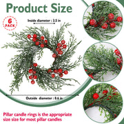 Serlvan 6 Pcs Christmas Candle Rings Wreath Artificial Candle Rings with Red Berry, Snowy Pine Garland Candle Ring Holder for Christmas Decorations Table Centerpiece