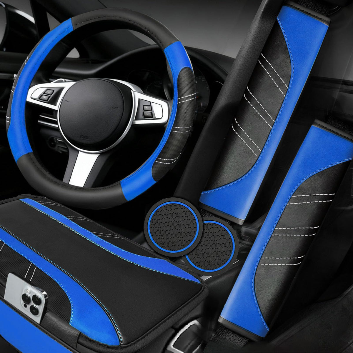 NBTEPEM 6 Pcs Blue Steering Wheel Cover Set, Sport Microfiber Leather Steering Wheel Cover 14.5-15inch Universal, Car Center Console Cover, Seat Belt Cushion, Cup Coasters, Blue Car Accessories Set