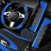 NBTEPEM 6 Pcs Blue Steering Wheel Cover Set, Sport Microfiber Leather Steering Wheel Cover 14.5-15inch Universal, Car Center Console Cover, Seat Belt Cushion, Cup Coasters, Blue Car Accessories Set