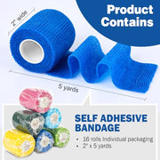 AZEN 16 Pack Self Adhesive Bandage Wrap, 2" X 5 Yards Elastic Cohesive Bandage Wrap, Color Athletic Tape, Vet Wrap, Ankle Tape