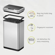 EKO Mirage-T 50 Liter / 13.2 Gallon Touchless Rectangular Motion Sensor Trash Can or Recycling Bin, Brushed Stainless Steel Finish