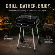 17.5-Inch Charcoal Kettle Grill with Wheels, 302 Sq In Grate | Porcelain-coated steel bowl, lid and grid with adjustable air dampers, rear wheels and bottom shelf for patio or tailgating.
