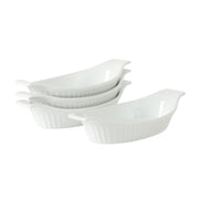 Gibson Home Gracious Dining Oval Au Gratin Baking Dishes, 4-Piece Set – 9 oz Oven Safe Banana Split Bowls, Ceramic Small Casserole Dishes with Handles, Microwave & Dishwasher Safe Mini Bakeware, White