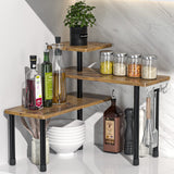 JayRex Kitchen Countertop Organizer 3-Tier Corner Shelf, Rustic Brown | Space-saving corner design organizes spices, skincare and toiletries on kitchen and bathroom counters.