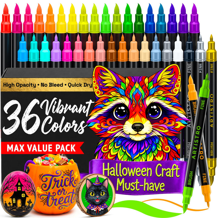 ARTISTRO 36 Multicolor Dual-Tip Acrylic Paint Marker Pens for Drawing | Pumpkin Painting & Decorating Kit for Halloween & Fall Crafts, Fabric, Rock, Glass, Wood, Art Gift for Adults, Teens, & Kids