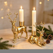 FORUP Reindeer Christmas Candle Holders, Set of 2 Deer Deer Taper Candle Holders with Floral Wreath, Rustic Pedestal Centerpieces for Christmas Fireplace Mantle Dining Table, Holiday Farmhouse Décor
