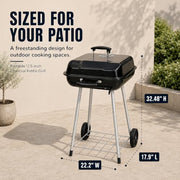 17.5-Inch Charcoal Kettle Grill with Wheels, 302 Sq In Grate | Porcelain-coated steel bowl, lid and grid with adjustable air dampers, rear wheels and bottom shelf for patio or tailgating.