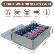 PINGMIC 2-Pack Sock & Tie Organizer with Lid, 30-Cell Foldable Storage Box | Keeps socks, ties, belts, small accessories neatly organized with a foldable, dustproof design and easy-access compartments