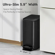 TIPGO Small Bathroom Trash Can with Lid Soft Close, 1.6 Gal, Matte Black | Step Pedal, 5.9'' Slim for Narrow Space, Stainless Steel, Anti-fingerprint, Removable Inner Bucket, Odor Seal
