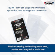 BCW Resealable Team Set Bags – 100 Count | Holds 35 Loose Cards or 5 Standard 35pt Toploaders | Fits Magnetics up to 108pt | Acid-Free Team Bags for Trading Cards & Shipping