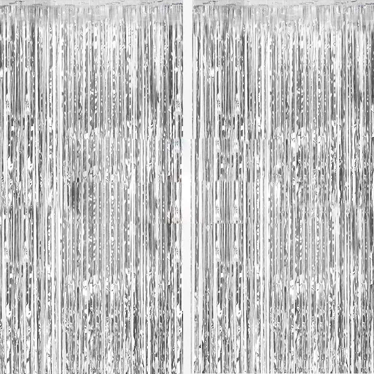 2 Pack Silver Foil Curtain Party Streamers Metallic Tinsel Foil Fringe Photo Booth Backdrop for Birthday Wedding Engagement Baby Shower Bachelorette Christmas Holiday Celebration Party Decorations