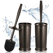 HAMITOR Toilet Bowl Brush Holder Set: Modern Brown Bathroom Accessories | Dense Stiff Soft Bristle Deep Cleaning, Round Head Restroom Scrubber, Covered Holder Hidden Mess, Home Hotel Decor, 2 Pack