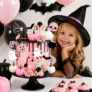 30Pcs Happy Halloween Cake Toppers & Cupcake Toppers for Birthday Party | Pink Halloween Cake Decorations Set with Mini Pumpkins, Witch Hat, Cauldron, Ghost, Flowers and Trees