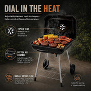 17.5-Inch Charcoal Kettle Grill with Wheels, 302 Sq In Grate | Porcelain-coated steel bowl, lid and grid with adjustable air dampers, rear wheels and bottom shelf for patio or tailgating.
