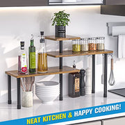 JayRex Kitchen Countertop Organizer 3-Tier Corner Shelf, Rustic Brown | Space-saving corner design organizes spices, skincare and toiletries on kitchen and bathroom counters.