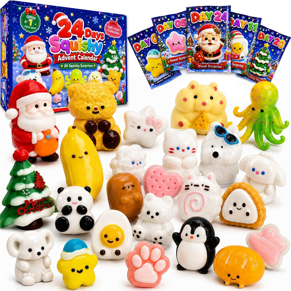 2026 Christmas Kawaii Squishy Advent Calendar for Kids | 24 daily surprise squishies in blind bags with Reusable PVC Bags, Stocking Stuffers Party Favors for Girls Boys