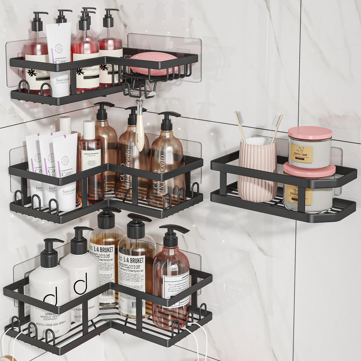Youvip Shower Caddy Corner No Drilling-Adhesive, Shower Shelves-Rustproof | Organizer for Dorm. Black, 4-Pack - with Soap Holder
