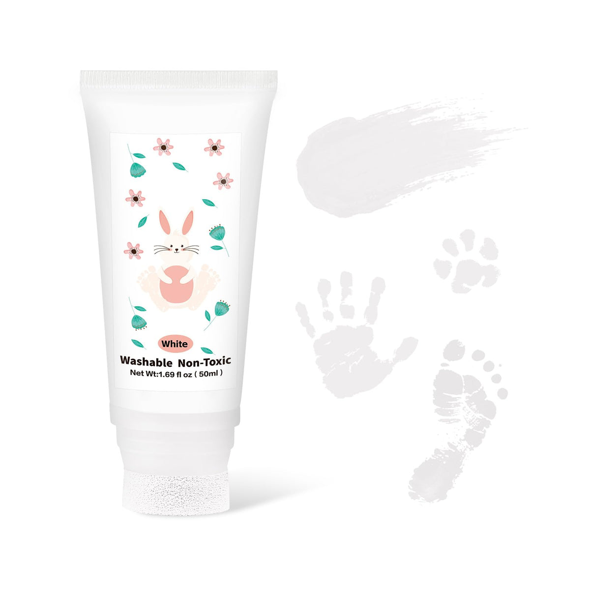 Noosuna Baby Hand and Footprint Paint with Sponge Head, 1.69 fl oz, White | Baby Safe Paint, Non-Toxic and Washable, Newborn Memento, New Mom Gifts, My First Halloween