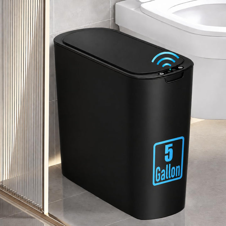 TIPGO 5 Gallon Automatic Bathroom Trash Can with Lid, Black, Touchless | Motion Sensor, Slim Smart Garbage Bin, Plastic Wastebasket, Battery Operated, Manual Button, for Bedroom, Office, RV