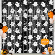2 Pack Halloween Fringe Curtains, Ghost Foil Tinsel Backdrop | Metallic Foil, 3.28 x 6.56 FT Halloween Tinsel Backdrop Photo Booth Props Streamer for Halloween Decorations