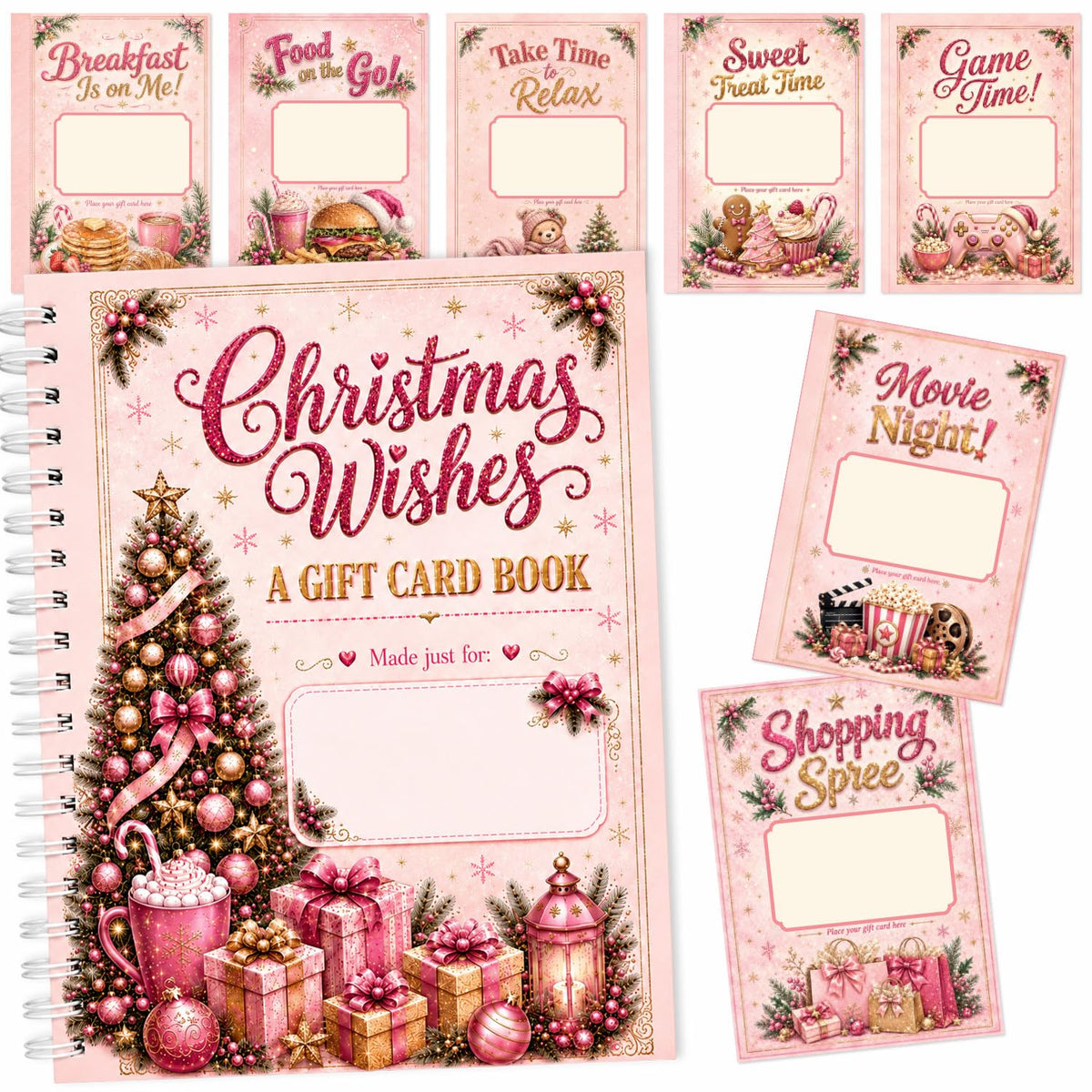 Christmas Gift Card Holder Book, Spiral Bound Gift Card Book for Multiple Gift Cards, Pink Christmas Gift Card Book for Women Teens, Stocking Stuffers, Secret Santa Gifts, Holiday Gift Card Holder