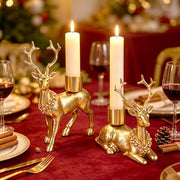 FORUP Reindeer Christmas Candle Holders, Set of 2 Deer Deer Taper Candle Holders with Floral Wreath, Rustic Pedestal Centerpieces for Christmas Fireplace Mantle Dining Table, Holiday Farmhouse Décor