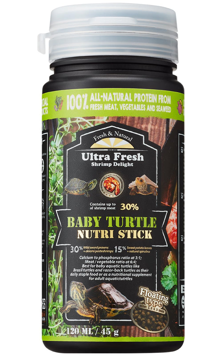 Ultra Fresh Floating Baby Turtle Food, All Natural Ingredients, Wild Sword Prawn, Calcium Vitamin D Enriched for Picky Aquatic Turtles, Baby Turtle Nutri Stick 1.6 oz