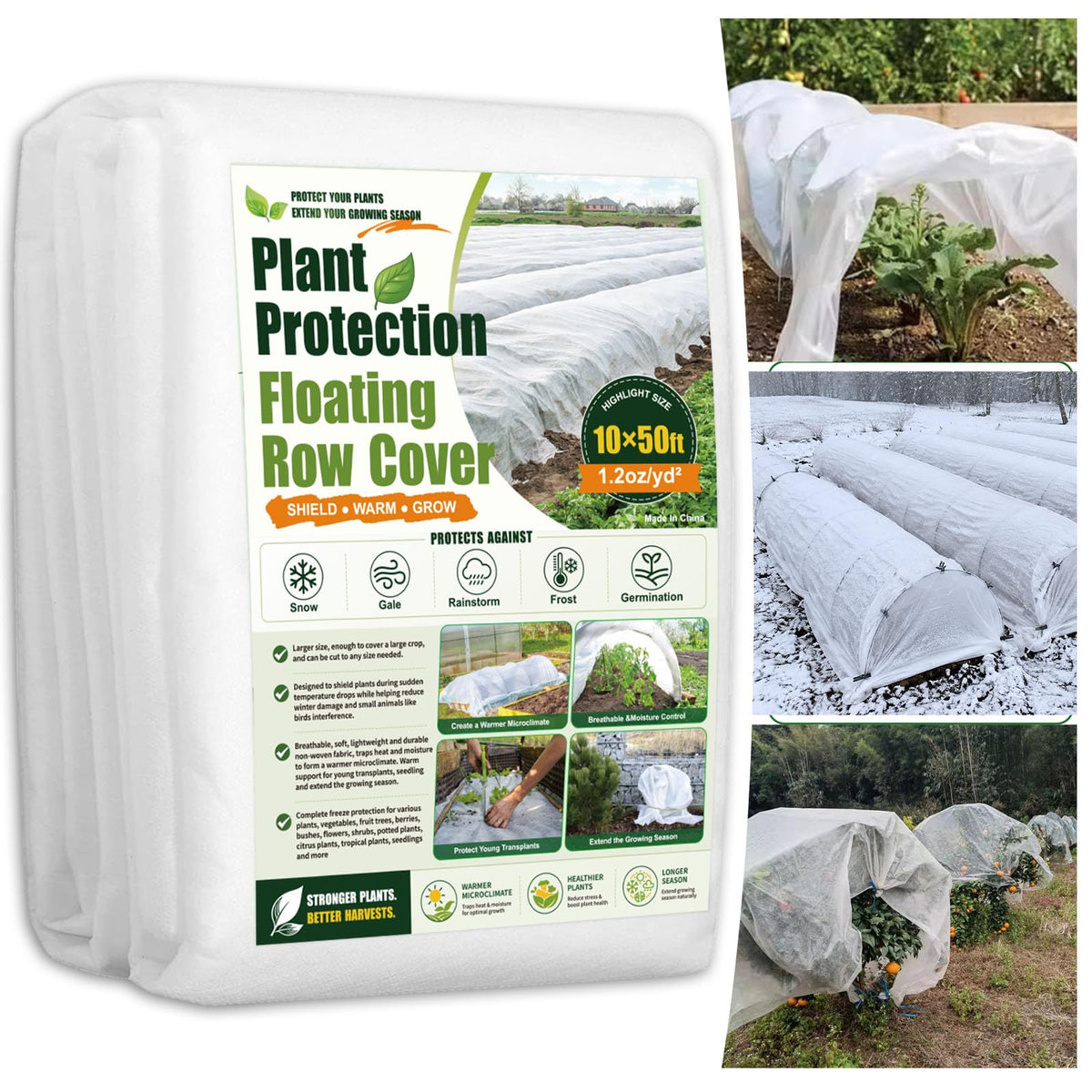 SPORTYOUTH Plant Covers Freeze Protection 10x50Ft Floating Row Cover 1.2Oz | Frost Cloth Winter Blankets for Cold Snow Outdoor Garden Plant Vegetables Trees Greenhouse Raised Beds Protection, White