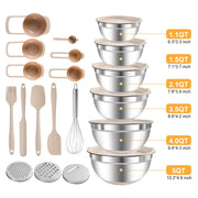 Mixing Bowls with Airtight Lids Set, Non-Slip Silicone Bottoms, Khaki | Stainless Steel 6 Bowls(4.5QT,4QT,3.5QT,2.1QT,1.5QT,1.1QT), 3 Grater Attachments for Baking Serving