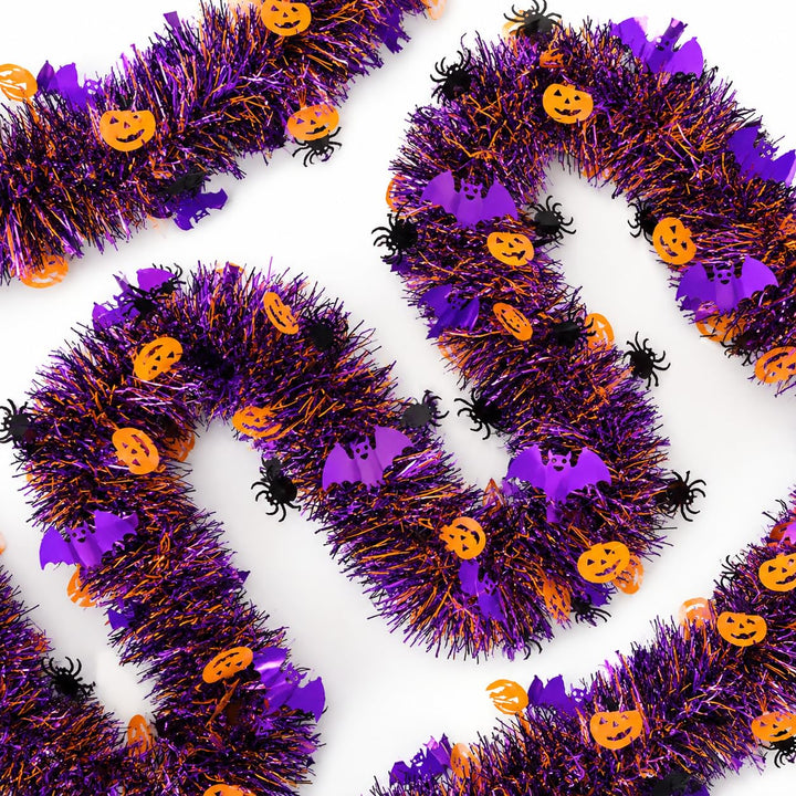 KINGLAKE Halloween Black Orange Purple Tinsel Garland 33 FT | Pumpkin Bats Spider Shiny Metallic Foil Hanging Garland for Christmas Tree Fireplace Home Party Holiday Indoor Outdoor Decor