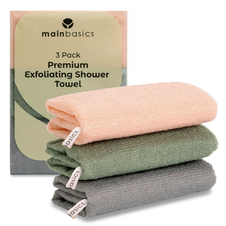 MainBasics Japanese Deep Exfoliating Shower Towel, 3 Pack, Earthy Love | Japanese Nylon, Body Washcloth, Textured for Effective Exfoliation, Quick-Dry, Durable, Helps Reveal Smoother Skin