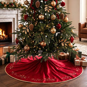 Bunny Chorus Christmas Tree Skirt, 48 inches Red Luxury Velvet Plush Fur Skirts with Gold Embroidered Holly Leaf for Rustic Xmas Tree Holiday Decorations