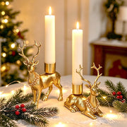 FORUP Reindeer Christmas Candle Holders, Set of 2 Deer Deer Taper Candle Holders with Floral Wreath, Rustic Pedestal Centerpieces for Christmas Fireplace Mantle Dining Table, Holiday Farmhouse Décor