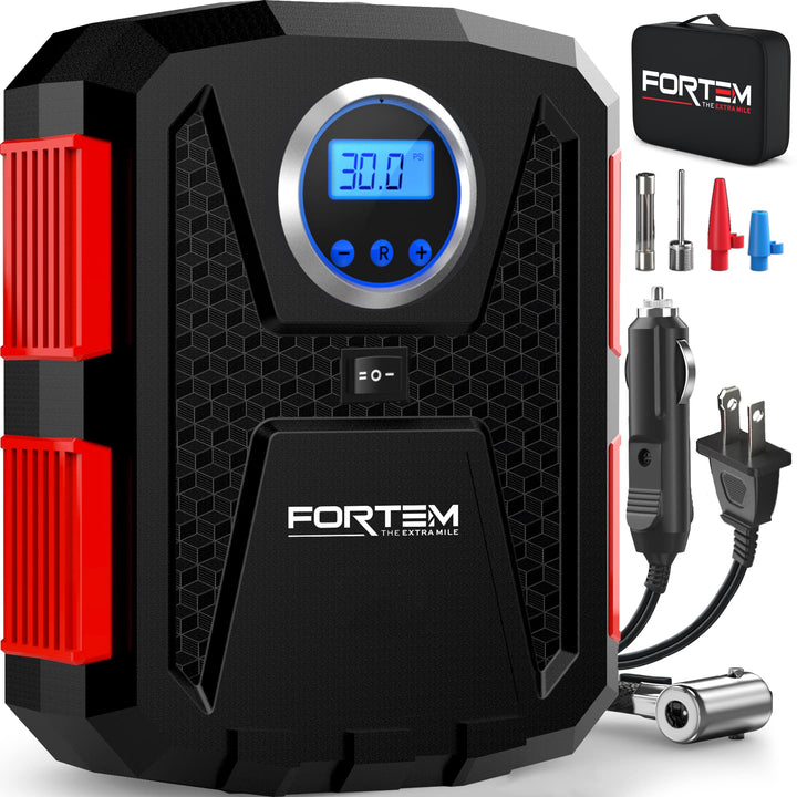 FORTEM Tire Inflator Portable Air Compressor, Air Pump for Car Tires and Bikes, Car Tire Pump w/Auto Shut Off, 150 PSI, 110V AC 12V DC, LED Light, Carrying Case, Perfect for Men, Women