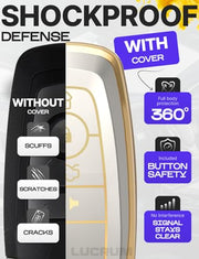 Lucrum Compatible with Ford Key Fob Cover & Keychain | Fits Bronco, Explorer, Edge, Escape, Expedition, Fusion, Mustang, 4 Buttons Keyfob Case (2017-2026) - White and Gold