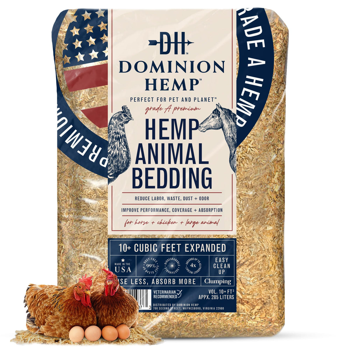 Dominion Hemp Premium Hemp Bedding for Chicken Coops 285L - 30lbs, 1-Pack | Ultra-absorbent USA hemp bedding for chicken coops and small pets, low dust, reduces odor, and keeps habitats clean and dry.