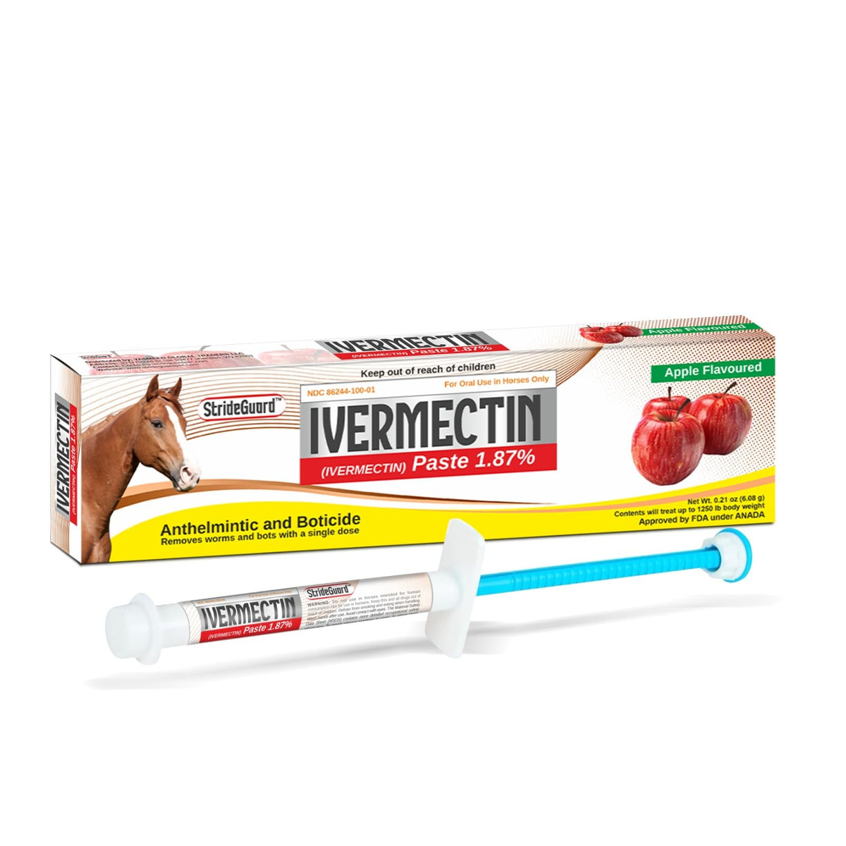 Horse Ivermectin Paste 1.87% – Apple Flavored Oral Horse Dewormer Syringe – 6.08g Tube Treats Horses Up to 1,250 lbs [Pack-1]